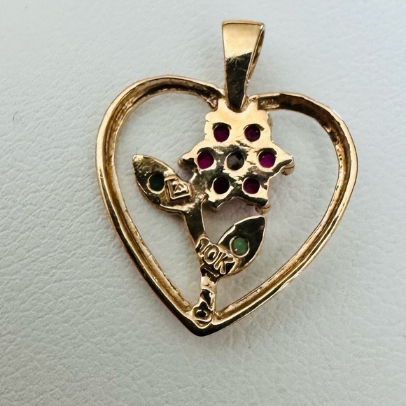 10K Yellow Gold Open Heart Pendant with Flower Design Ruby Emerald Diamond - Picture 2 of 4